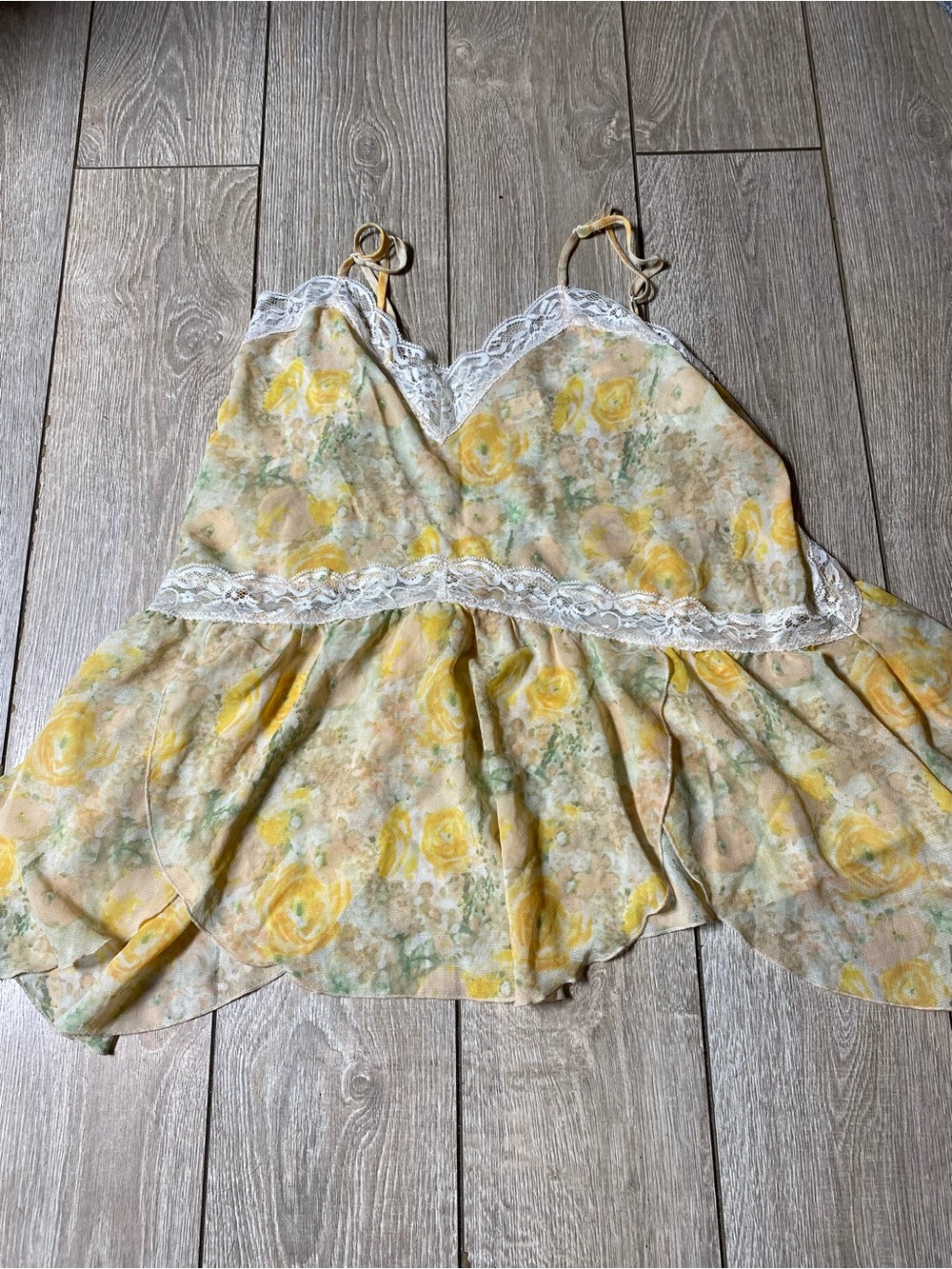 Free People Intimately Yellow Floral Lace Trim Cami Slip Top Size M Y2K